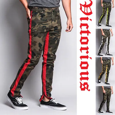 Victorious Men's Dual Stripe Track Style Camo Pants With Ankle Zipper   DL1167EY • $29.95
