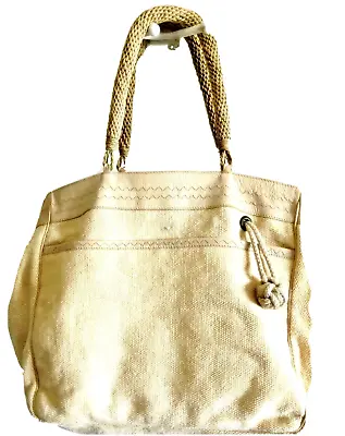 MAX MARA Tote Shoulder Weekend Bag Extra Lg Beige Woven Canvas Leather Trim EUC • $233