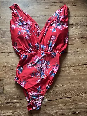 Modcloth 2X Lauren Red Floral Plunge One Piece Bathing Swimsuit Cross Back FLAW • $25