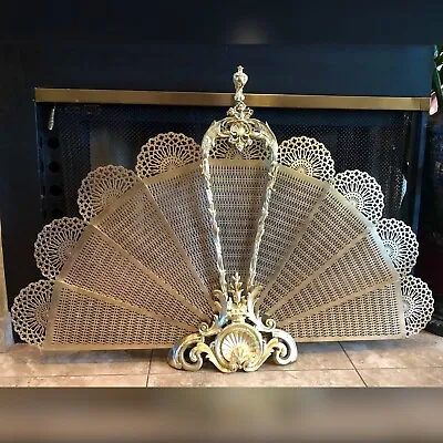 Antique Shell  Peacock  Fireplace Folding Screen Brass Fan Victorian RARE Heavy* • $2379