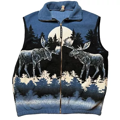 Polar Graphics Men Moose Print Zip Up Vintage Fleece Vest Size Large Blue Black • $46.45