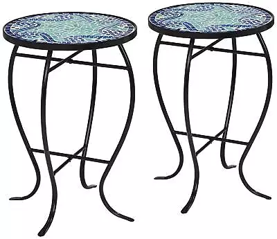 Black Outdoor Accent Tables 14  Wide Set Of 2 Blue Wave Mosaic For Porch • $99.95