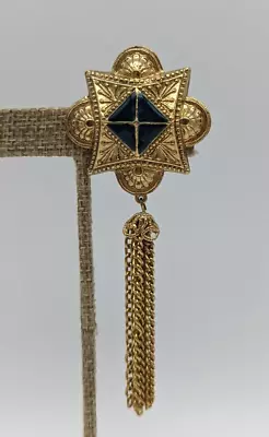 Vintage Gold Tone Maltese Style Filigree Blue Enamel Dangling Tassel Brooch • $9.99