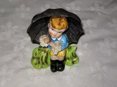 Vintage Circa 50's Nathco Japanese Ceramic Detailed Boy Under Umbrella Figurine • $15