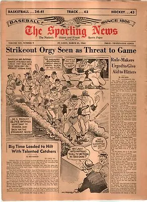 The Sporting News Newspaper Mar 21 1964 Strikeout Orgy Seen As Threat To Game G • $14.95