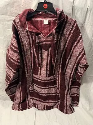 Artesanias Mexican Hoodie Poncho Mens XXL  Burgundy White Black Striped Baja • $24.74