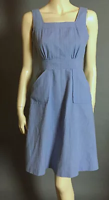 1970s True Vintage Muted Blue Crinkle Pinafore Sun Dress Button Back Pockets S • $35