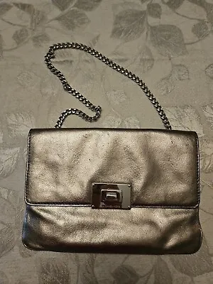 Michael Kors Handbag Sloan Silver Nickel Leather Clutch Chain Strap Turn Lock • $32.79