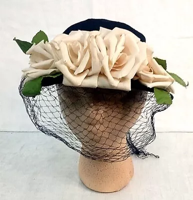 Women's Vintage Hat Navy Blue Short Brimmed Off White Roses Leaves Blue Netting • $34.95