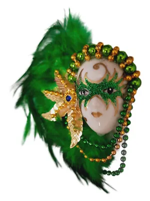 Green Masked Beaded Lady Feather Magnet Mardi Gras Party Favor • $5.29