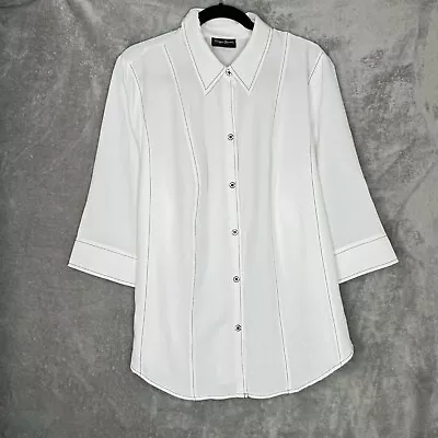 Maggie Barnes 2X Shirt Top White Solid Button Up 3/4 Sleeve Collard Stretch • $20.40
