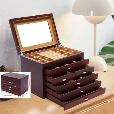 £69 • Buy Large Wooden Jewelry Box Organizer W/ Mirror 6 Layers Ring Necklace Storage Case