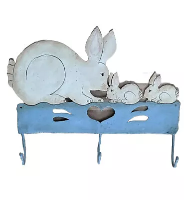 Metal Vintage Hand Made & Painted Enameled Bunny Rabbits Wall Hanging With Hooks • $20