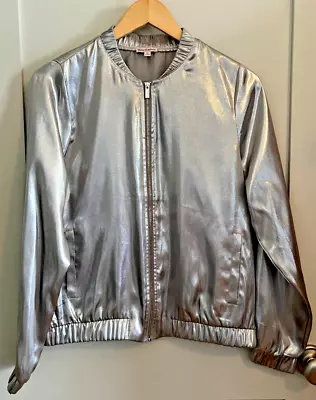 Juicy Couture Medium Metallic Silver Bomber Baseball Jacket Zipper Pockets • $16