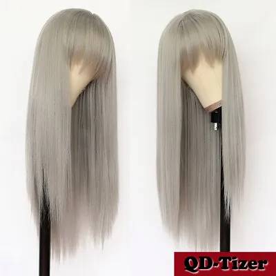 $20.40 • Buy Synthetic Wigs Fashion Women Heat Resistant Gray Hair 24'' Straight Full Bangs