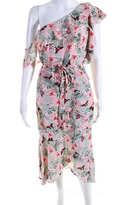 Joie Womens Side Zip Ruffled Scoop Neck Floral Butterfly Dress Pink Silk Size 2 • $40.81