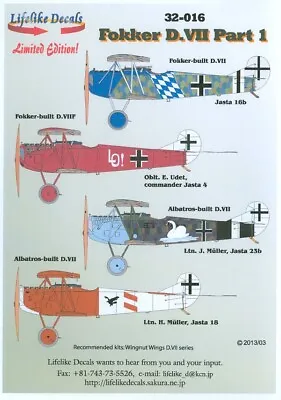 1/32 Lifelike Decals #32016 Fokker D.VII Part 1 • $17.99