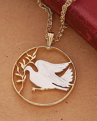 Dove Of Peace Pendant Hand Cut Vatican Coin 14K & Rhodium 1 Dia ( #  303 ) • $81.22
