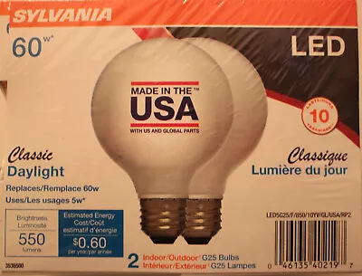 Sylvania LED5G25F85010YVGLRP2 5 Watt (60W) G25 LED Globe Light Bulb NWT (2-PACK) • $10.44