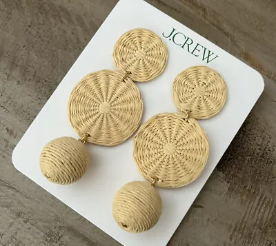 J Crew Natural Disc Ball Raffia Drop Large Statement Earrings NWT NEW • $23.79