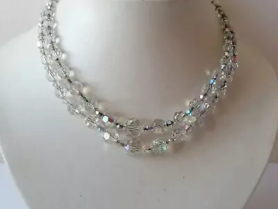 £16.99 • Buy VINTAGE EXQUISITE TWO STRAND AURORA BOREALIS CRYSTAL GLASS BEADED 50s NECKLACE