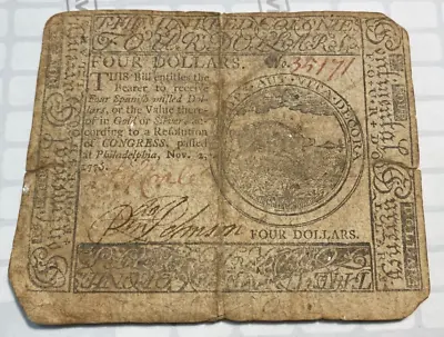 1776 Continental 4 Dollars Colonial Note Nice Original Apparent Fine CHRC • $249.99