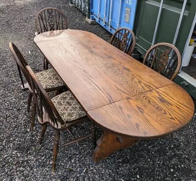 Solid Dark Oak Extending Dining Table By Webber With 5 Windsor Wheelback Chairs • £199.99