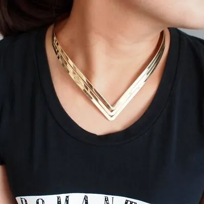 $10.04 • Buy V Shape Torque Necklace 3 Layer Collar Metal Weld Bib Women Big Necklaces