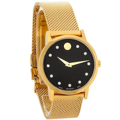 Movado $1295 Womens Diamonds! Gold/black Dial Mesh Museum Classic Watch 0607628 • $499.99