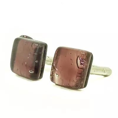 Murano Glass Cufflinks Purple Silver Millefiori Venice Square Wedding • £15.95