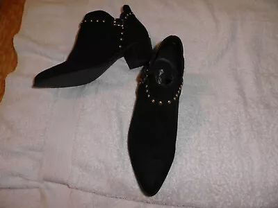 LADIES MISS SELFRIDGE BLACK SUEDE Sm BLOCK HEEL- STUD DECOR TROUSER SHOE Sz UK 5 • £12.50