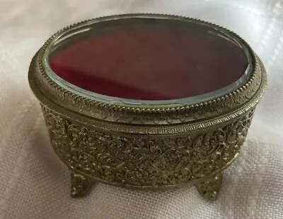 VTG Ornate Beveled Glass Metal Gold Tone Trinket Box 4 Feet Red Velvet • $11