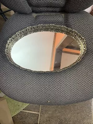 Vintage MCM Oval Mirror Tray Perfume Vanity Dresser Gold Filigree 13 X 8 • $19.99