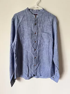 Untuckit Mens Sz M Long Sleeve Button Down Linen Shirt Blue Mandarin Collar • $33.99