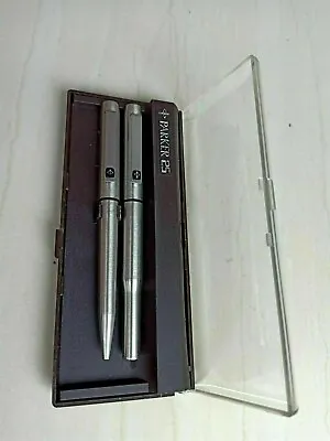 Parker 25 Stainless Steel Fountain Pen M Pt & Converter & Ballpoint Set In Box * • $237.36