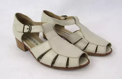 Vintage Nordstrom Fisherman Sandal White Leather Cut Out T Strap Peep Toe • $28.95