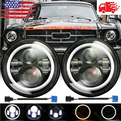 For Ford Mustang 1965-1978 7  INCH Round LED Headlights Halo DRL Angel Eyes Pair • $65.54