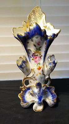 Antique Vieux Paris Cobalt Blue Gold Trim Porcelain Pique Fleur Cornet Rose Vase • $139.99