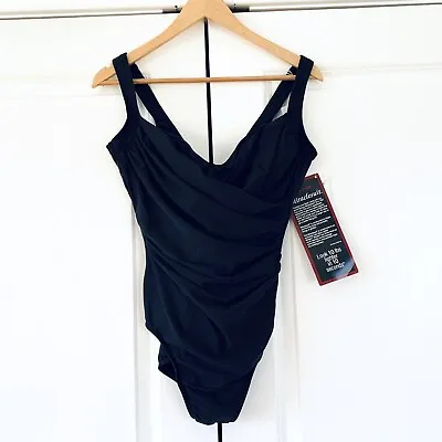 Miraclesuit One Piece Swimsuit Black Ruched Crossover Bathing Suit Size 14 DD • $100