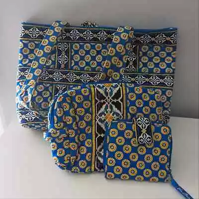 Vera Bradley Rivera Blue Purse Bag  Tote And Wallet 3 Piece RETIRED Yellow  • $45