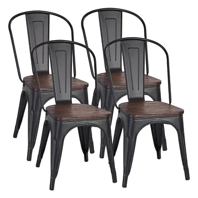Set Of 4 Metal Dining Chairs W/Wood Seat Stackable Side Chair For Kitchen Bistro • $140.95