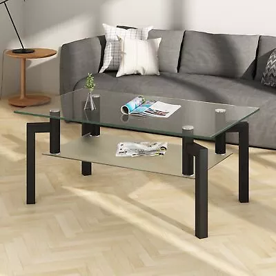 Rectangle Black Glass Coffee Table Modern Side Tables For Living Room • $136.31