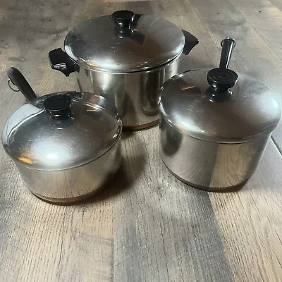 Vintage REVERE WEAR Copper Bottom Pot Set W/Lids 4 Qt 3 Qt 2 Qt Stockpot & Pans • $139.20