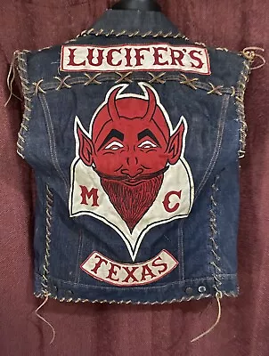 Vintage 1%er Lucifer’s MC Texas Motorcycle Club Cut Big E LEVI’S Blue Denim Vest • $1500