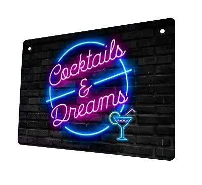 Cocktails & Dreams Sign -Pink Neon Cocktail Home Bar A5 Metal Sign Home Bars • £9.99