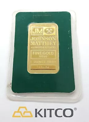 Vintage Johnson Matthey 1 Oz Fine Gold Minted Bar 9999 Green Assay Card #B 42174 • $2600