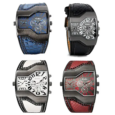 Men's Military Large Dial Quartz Watch Dual Time Zone Leather Band Wristwatch • $16.99