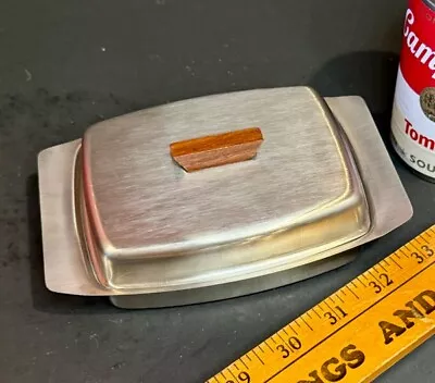 Vintage MSM Butter Dish Stainless Steel With Wooden Knob Inox 18/8 • $20