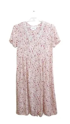 Vtg Women's Pink Floral Cottagecore Button Up Maxi Dress Lace Collar Plus Sz 16 • $32.79