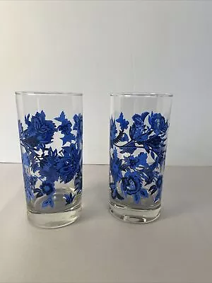 Set Of 2 Vintage Crisa Blue And Black Floral Drinking Glasses Tumbler 6” • $8.71